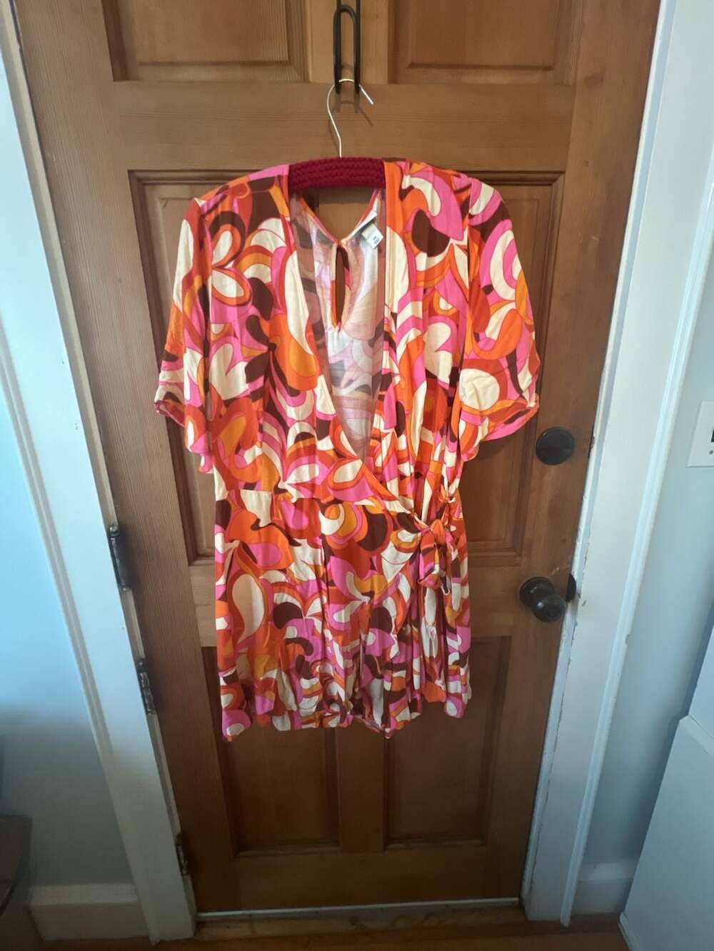 Ava & Viv Retro Swirl Pattern Short Sleeve Romper 2X Pink Orange Brown